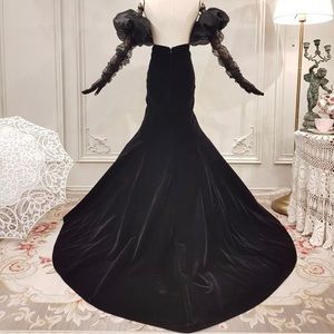 Backless Velvet Mermaid Dress with Sheer Black Gloves